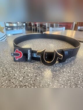 True Religion Black Leather Belt with Gold-Trim Horseshoe Buckle